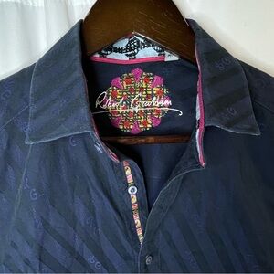 Robert Graham Medium Navy & Black Striped Shirt w/ contrast Collar & Flip Cuff